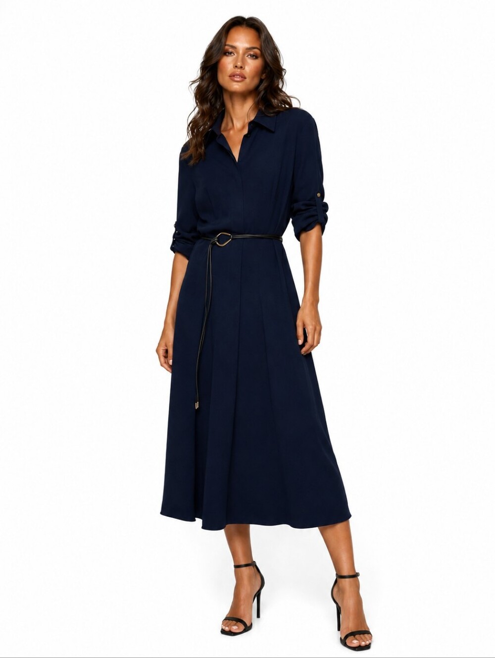 Mango Navy Long Sleeve Belted Shirt Midi Dress New Size 4